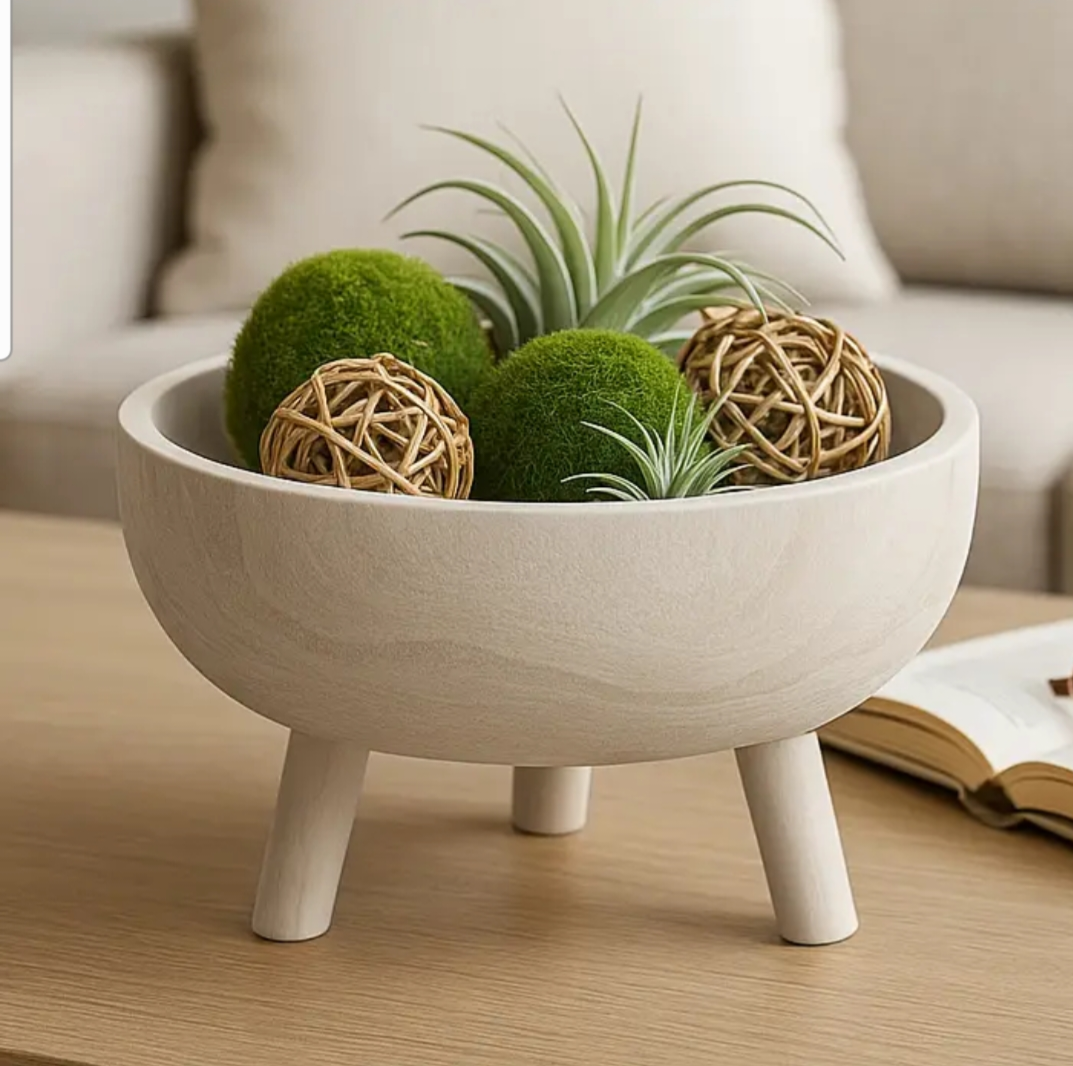 Decorative Bowl - White Wood Rustic with Tripod Legs, 11 in.