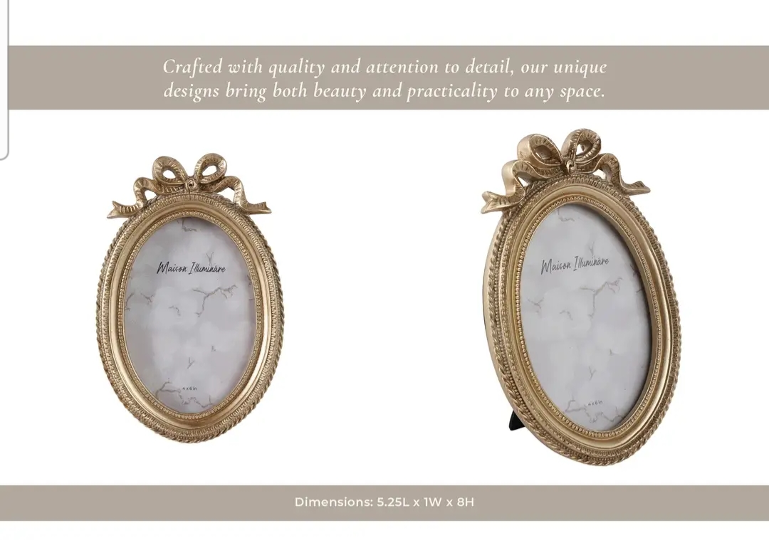 Oval Photo Frame - Gold Polyresin Coquette with Bow, 4 x 6 in