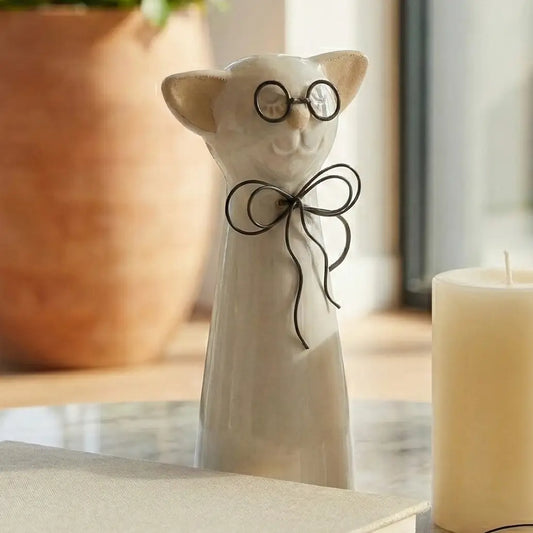 Ceramic Bow Cat with glasses figurine