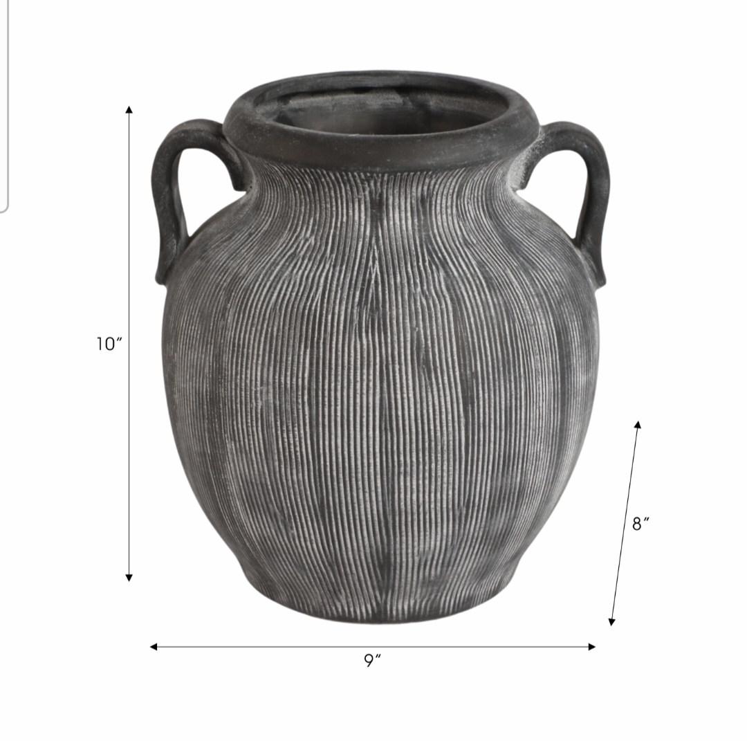 Ceramic Ribbed Texture Weathered Handle Vase - Black