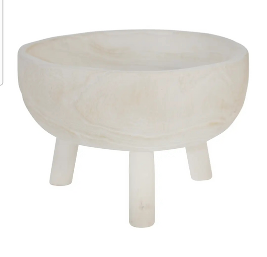 Decorative Bowl - White Wood Rustic with Tripod Legs, 11 in.
