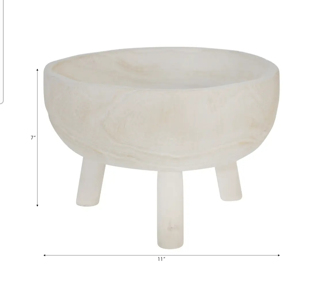 Decorative Bowl - White Wood Rustic with Tripod Legs, 11 in.