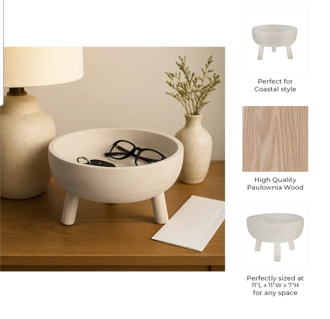 Decorative Bowl - White Wood Rustic with Tripod Legs, 11 in.