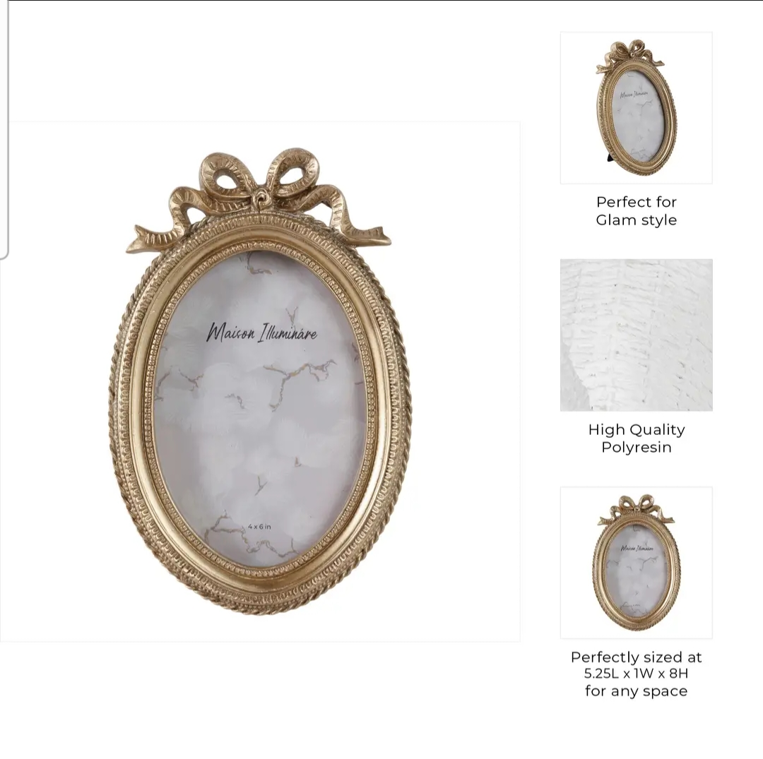 Oval Photo Frame - Gold Polyresin Coquette with Bow, 4 x 6 in