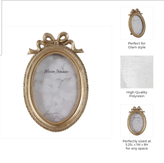 Oval Photo Frame - Gold Polyresin Coquette with Bow, 4 x 6 in