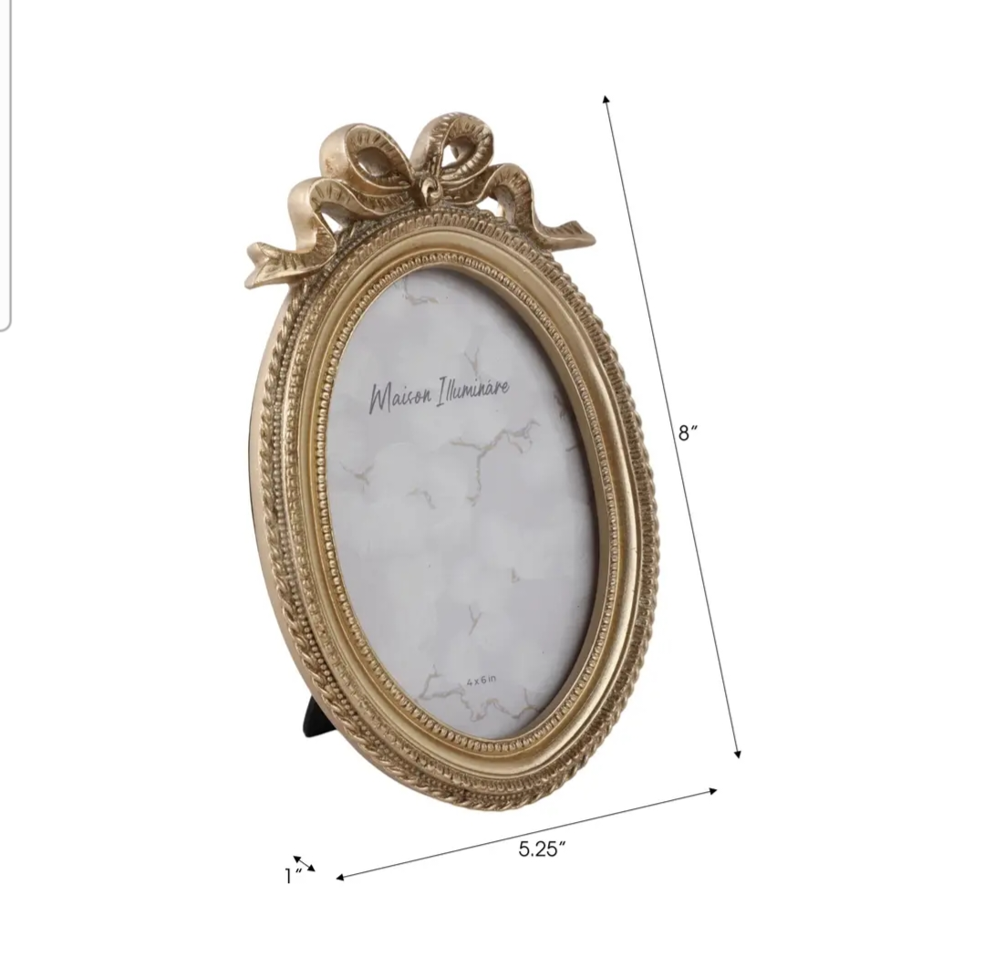 Oval Photo Frame - Gold Polyresin Coquette with Bow, 4 x 6 in