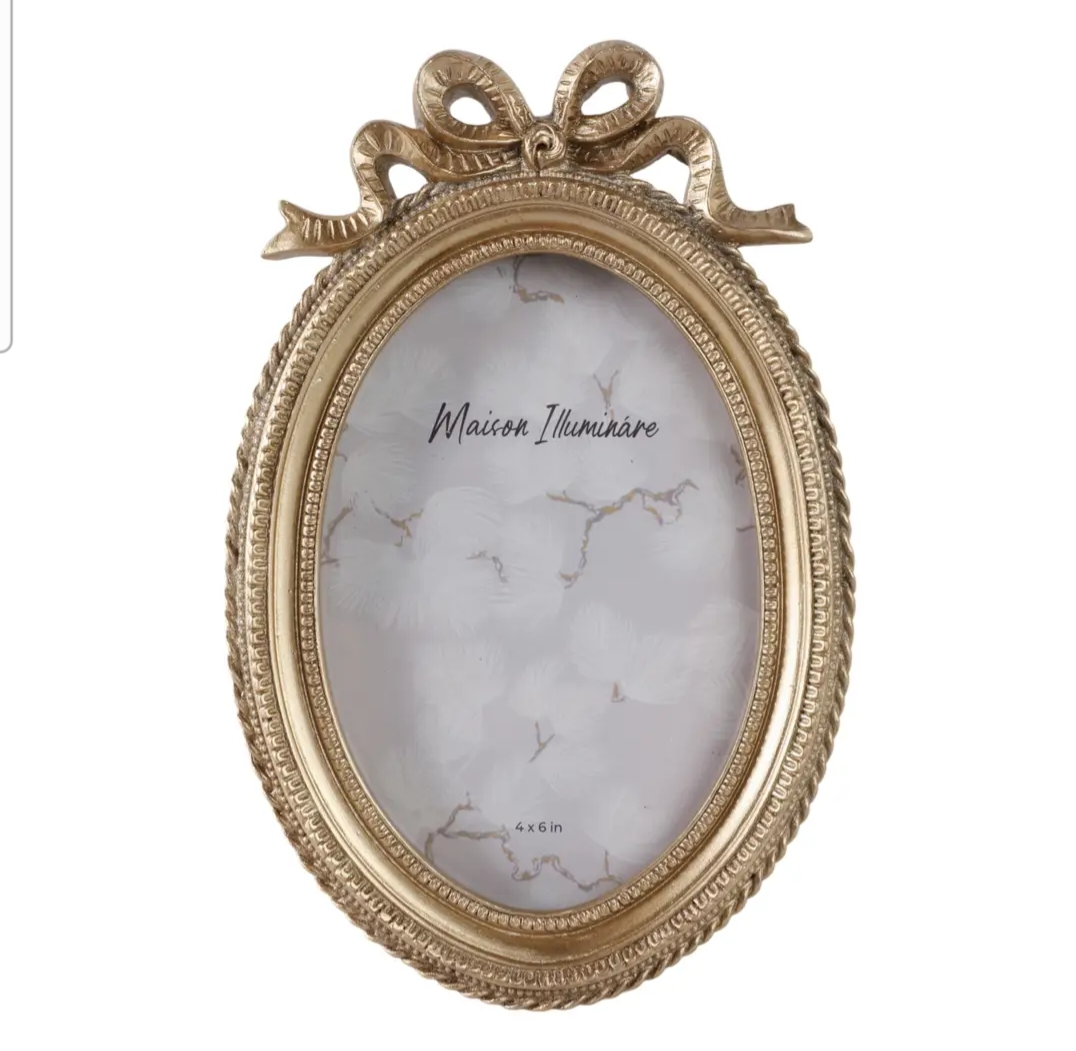 Oval Photo Frame - Gold Polyresin Coquette with Bow, 4 x 6 in