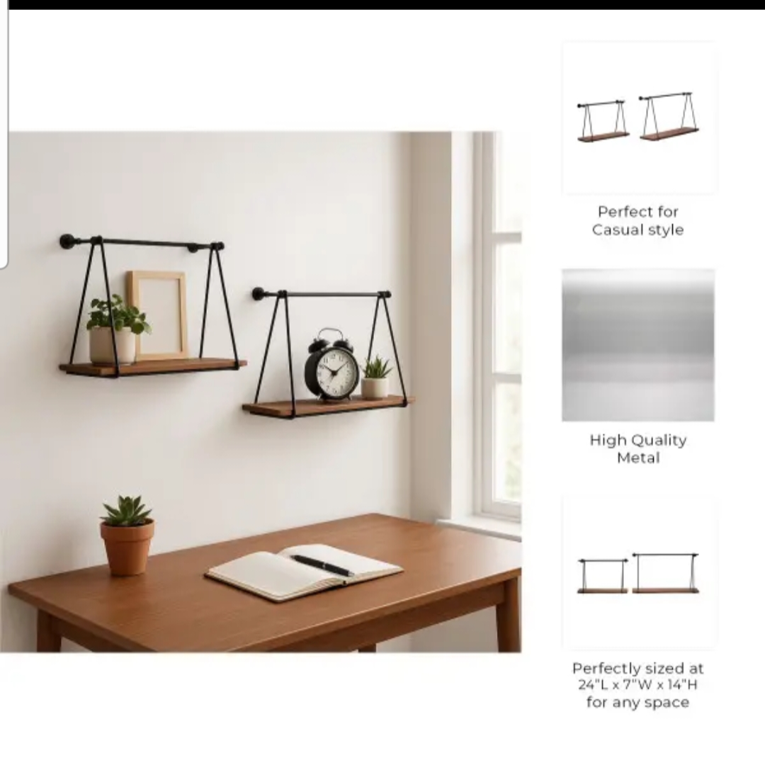 Wall Shelves Set of 2 - Black Wood Swing Like, 12/14 in.