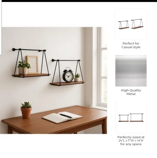 Wall Shelves Set of 2 - Black Wood Swing Like, 12/14 in.