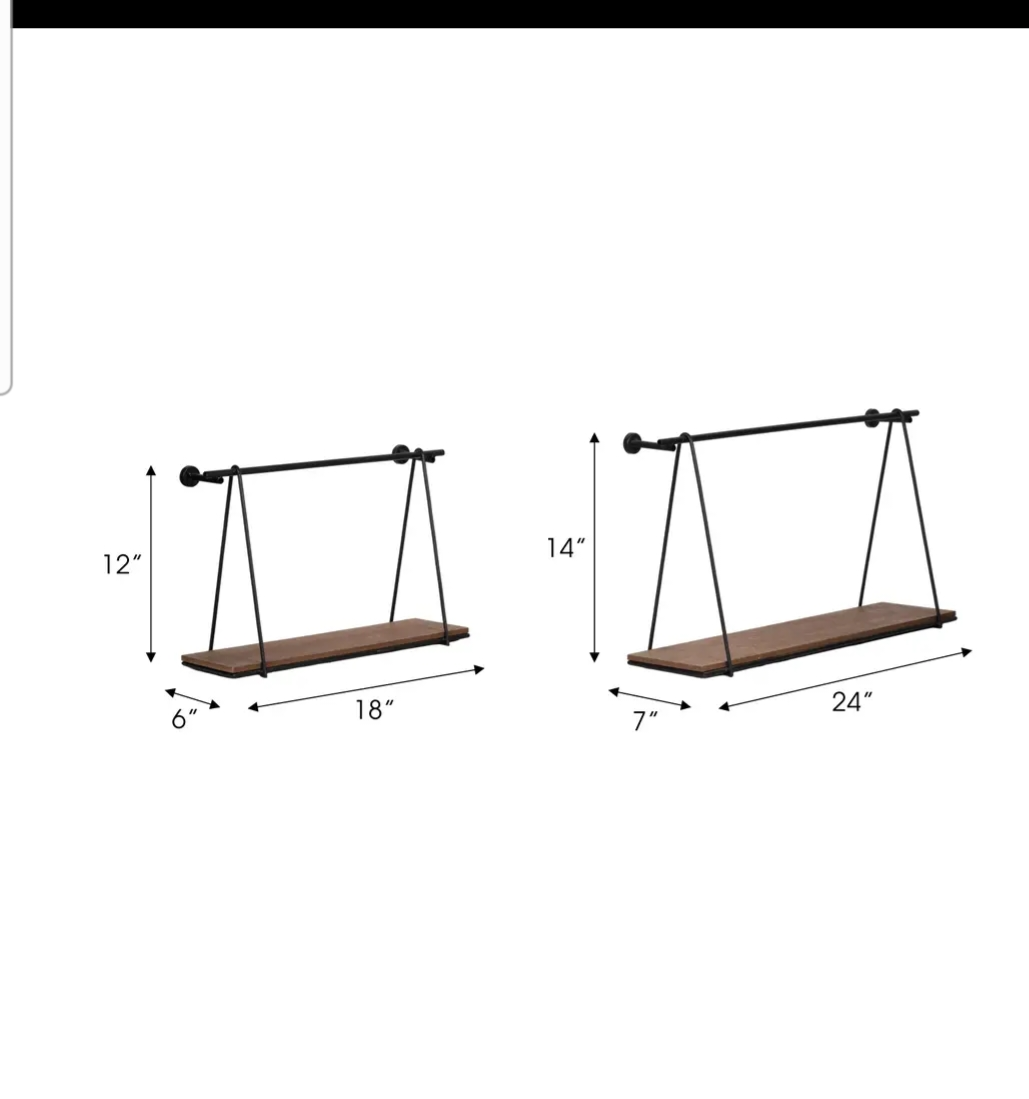 Wall Shelves Set of 2 - Black Wood Swing Like, 12/14 in.